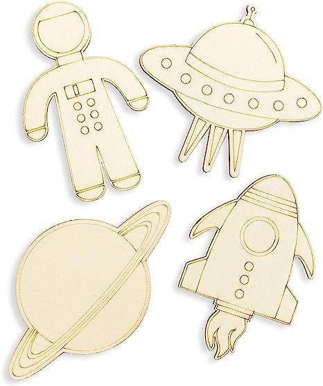 Juvale 24 Pack Unfinished Wood Cutouts for Outer Space Crafts, Wooden UFO, Astronaut, Planet, Roc... | Amazon (US)