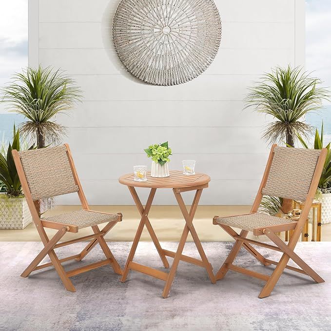 SUNSITT 3 Piece Patio Furniture Set Acacia Wood Outdoor Folding Table and Chairs Wicker Balcony F... | Amazon (US)