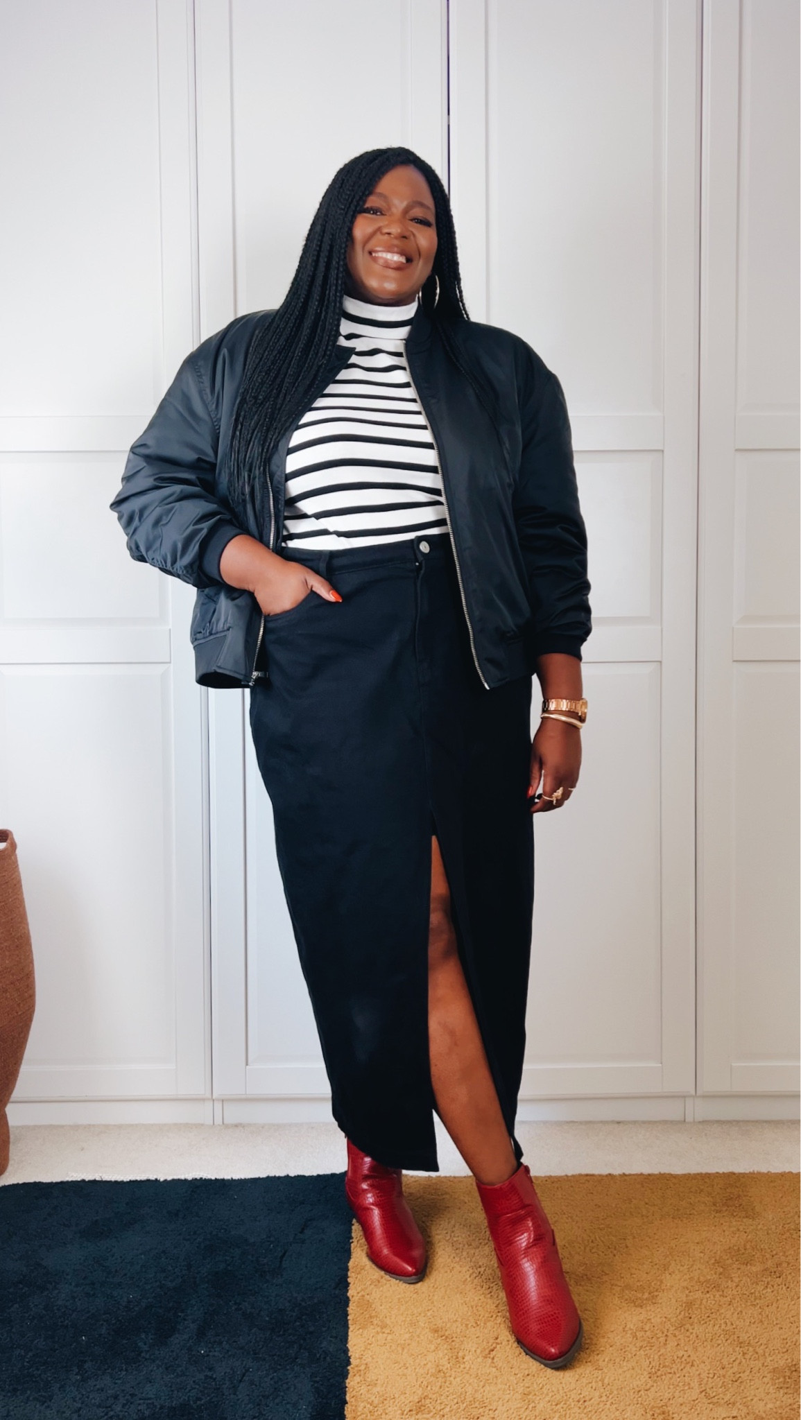 An easy plus size fall look! Featuring red booties, maxi denim skirt and a bomber jacket

#LTKplussize #LTKfindsunder50 #LTKSeasonal