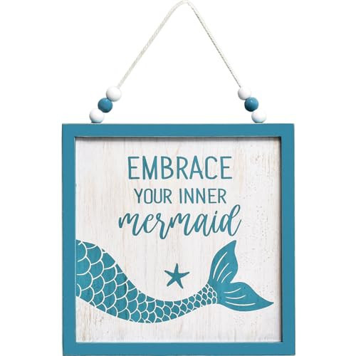 JUMBO DECOR Embrace Your Inner Mermaid Beach Sign Wall Decor for Coastal Living Room, Bathroom, Bedroom - Nautical Blue Wood Frame with Beaded Hanging, Mermaid Wall Art Wooden Sign | Amazon (US)