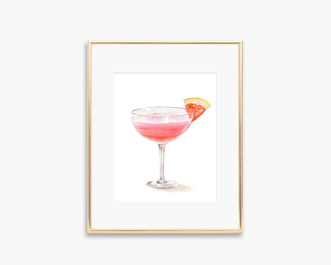 Pink Cocktail Watercolor, Champagne Print Gift, Bar Cart Art, Martini Watercolor, Drink Illustrat... | Etsy (US)