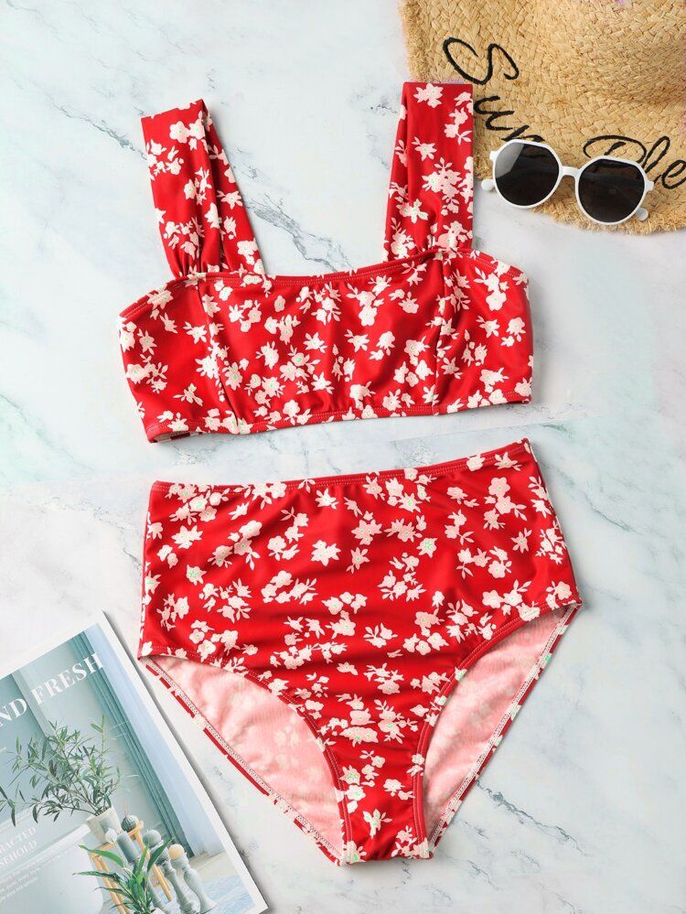 Floral Print Square Neck Bikini Swimsuit | SHEIN