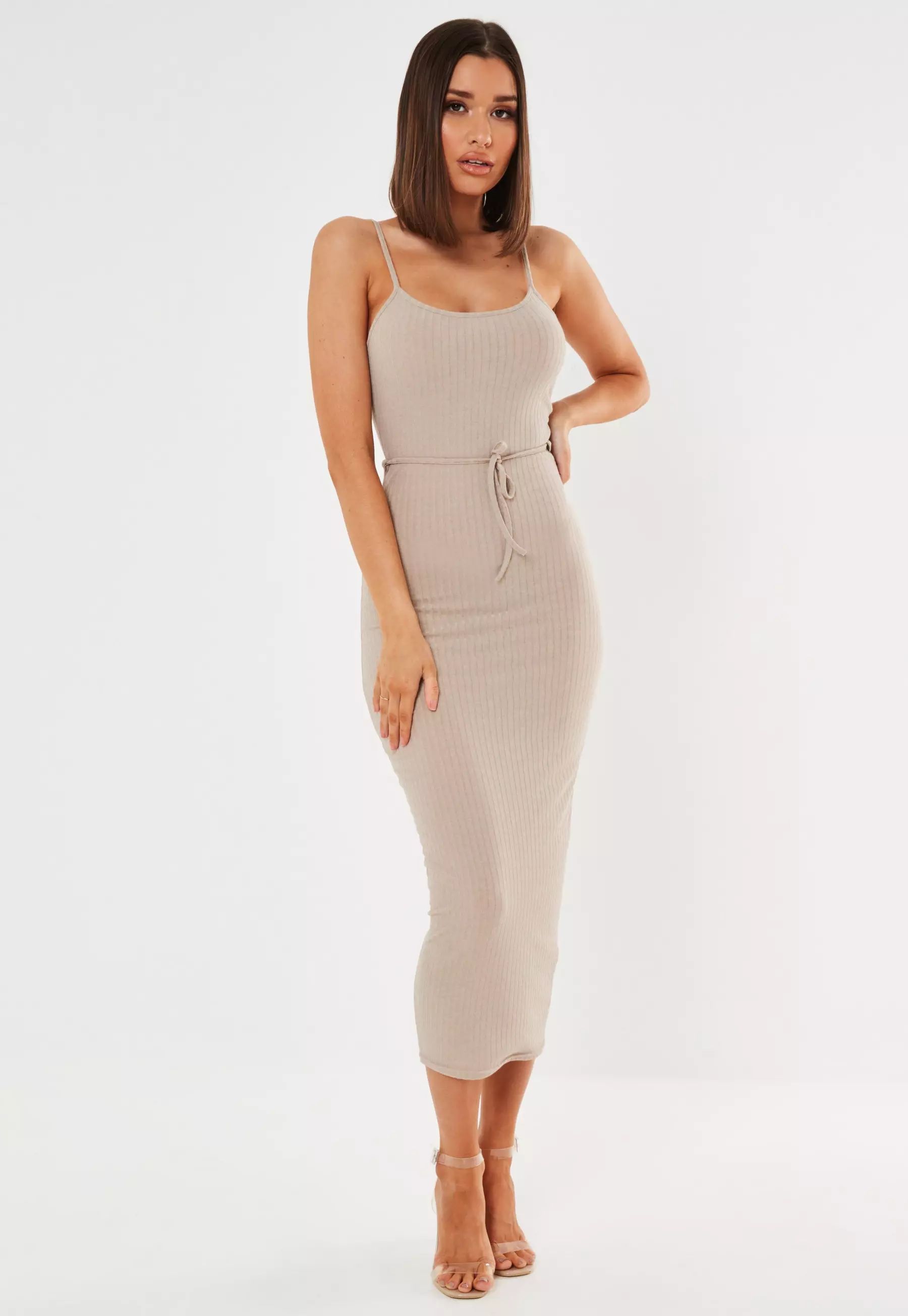 Petite Beige Ribbed Tie Belted Cami Midaxi Dress | Missguided (US & CA)
