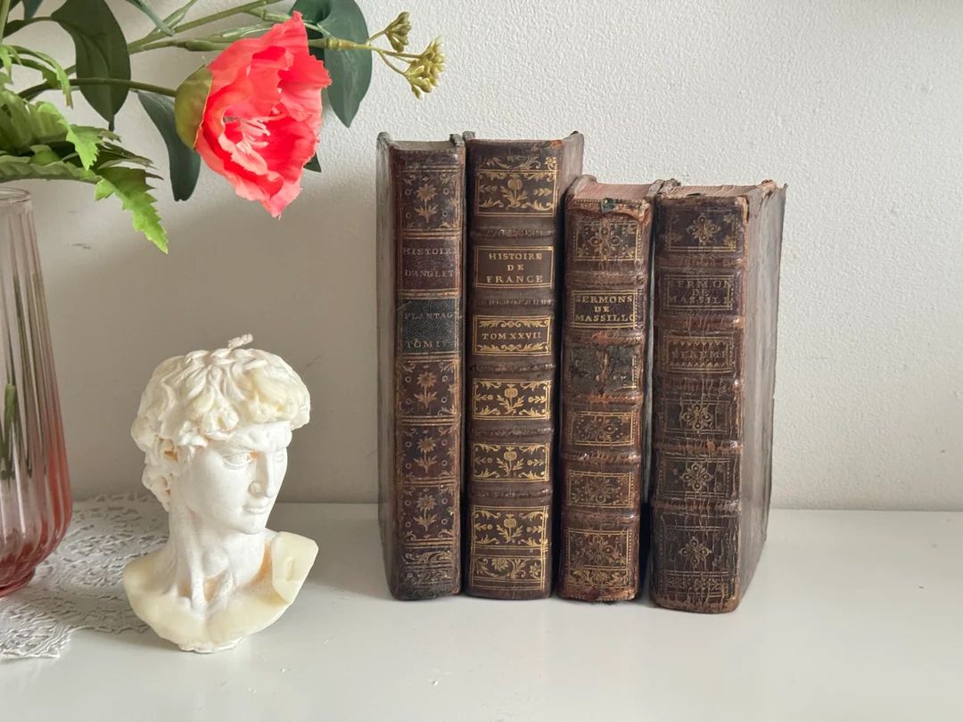 Set of 4 Antique French Leather Bound Books Bookshelf Decor - Etsy | Etsy (US)
