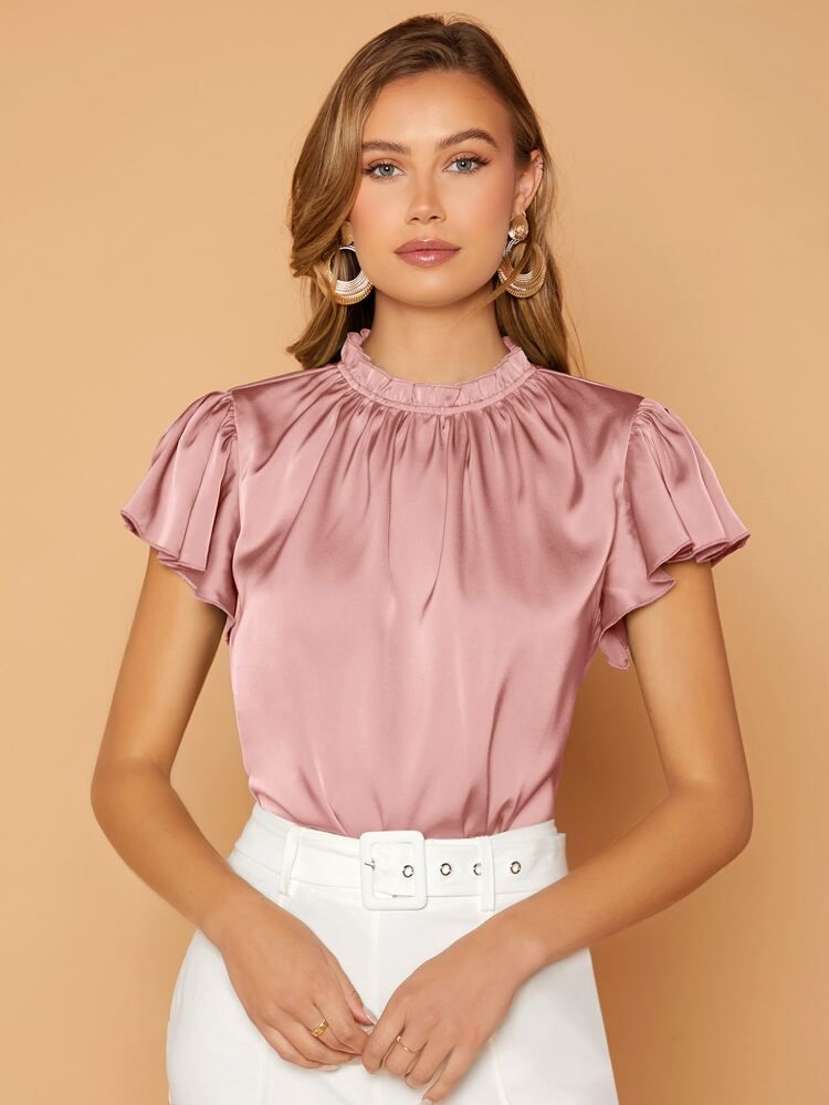 SHEIN Unity Frill Neck Butterfly Sleeve Satin Top | SHEIN