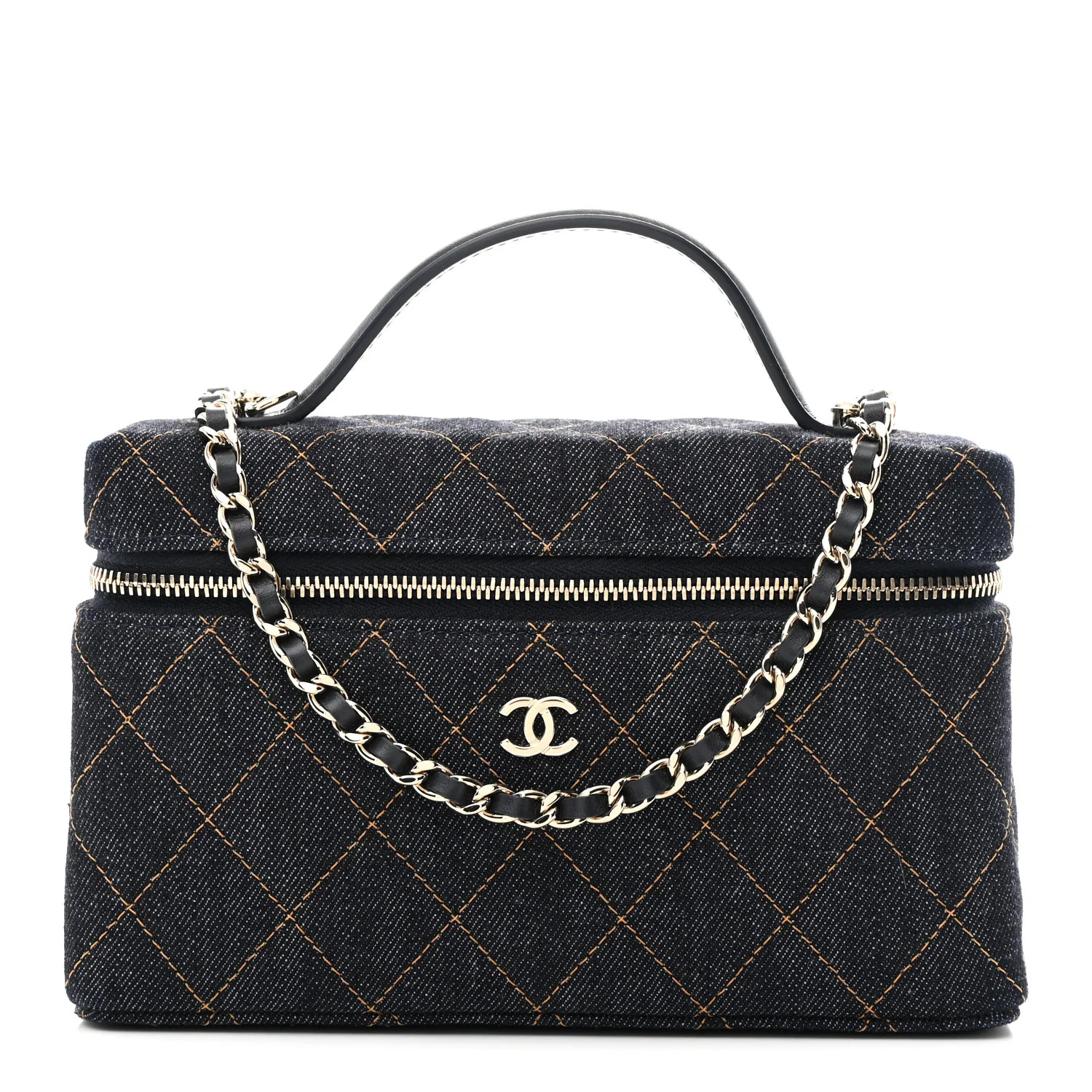 Denim Quilted Top Handle Slim Vanity Case With Chain Dark Blue Orange | FASHIONPHILE (US)