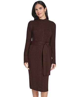 Jessica Howard Women's Long Sleeve Mock Neck Belted Midi Sweater Dress - Macy's | Macy's