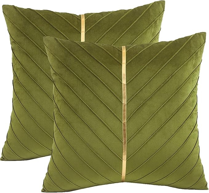 Tosleo Olive Green Velvet Throw Pillow Covers 22x22 Pack of 2 with Gold Leather,Decorative Couch ... | Amazon (US)