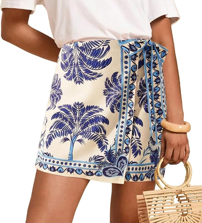 Womens Wrap Mini Skirt Boho Floral Printed Knot Side High Waist A Line Casual Summer Beach Short ... | Amazon (US)