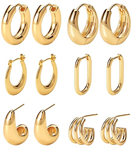 Gold Hoop Earrings Set 14k Gold Plated Huggie Earrings Hypoallergenic Chunky Twisted Thick Jewelry for Multiple Piercing for Women Girls (gold hoop style02) | Amazon (US)