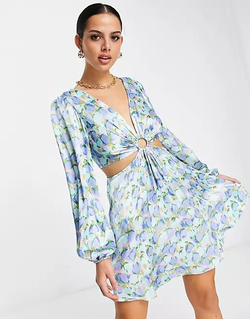 Topshop ring detail cut-out satin balloon sleeve floral mini dress in blue | ASOS (Global)