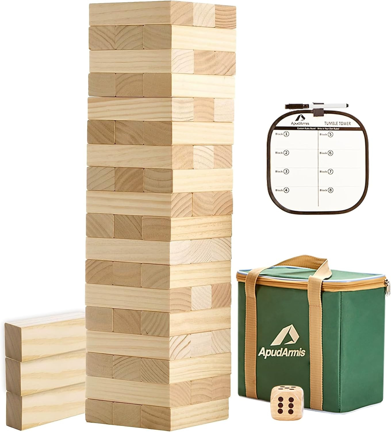ApudArmis 54 PCS Tumble Timber Set [Stack to 3FT], Pine Wooden Tumble Tower Game with Dice and Sc... | Amazon (US)