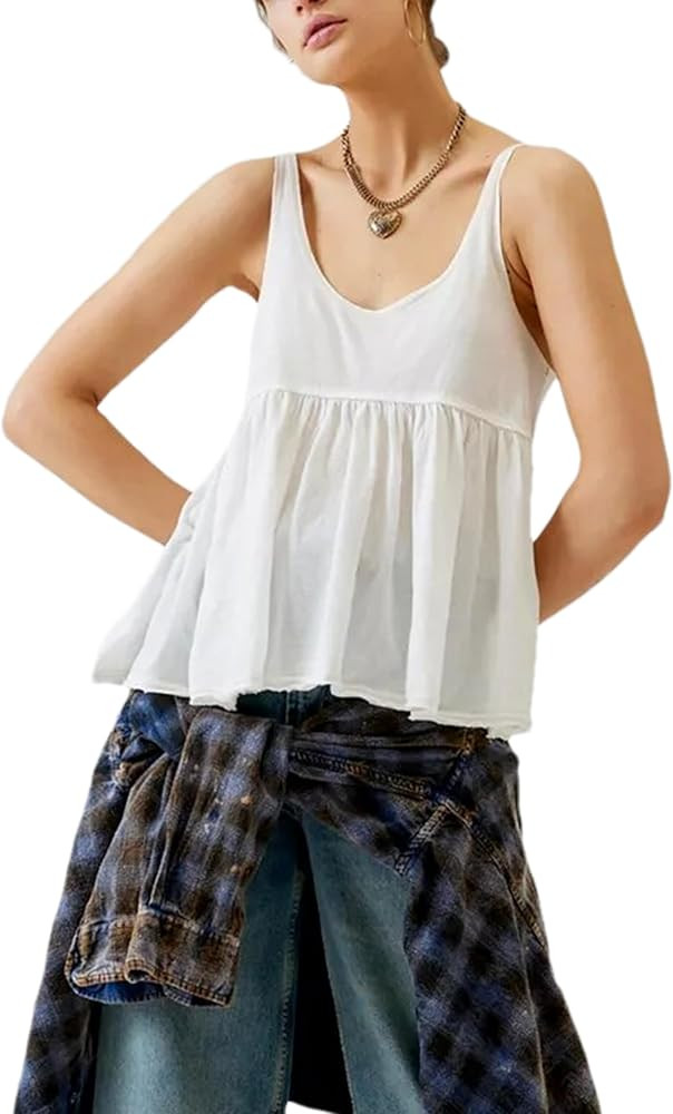 Lumister Womens Cute Babydoll Tops Sleeveless Ruffle Strap Causal T Shirts Tank Summer Tops 2025 | Amazon (US)