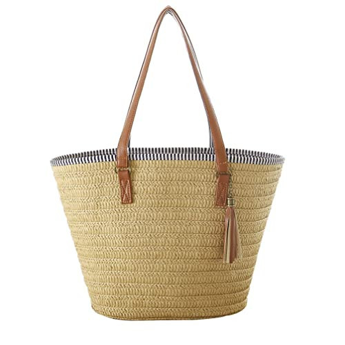 Hsthe Sea Straw Summer Beach Handbag Women's Shoulder Cross Body Shopping Craft Travel Bag with Leather Handles Tassel (Brown) | Amazon (UK)