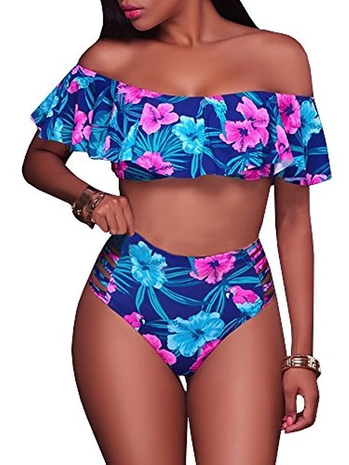 Womens Two Piece Ruffles Floral Print Bikini Set Off Shoulder High Waist Cut Out Swimsuit | Amazon (US)