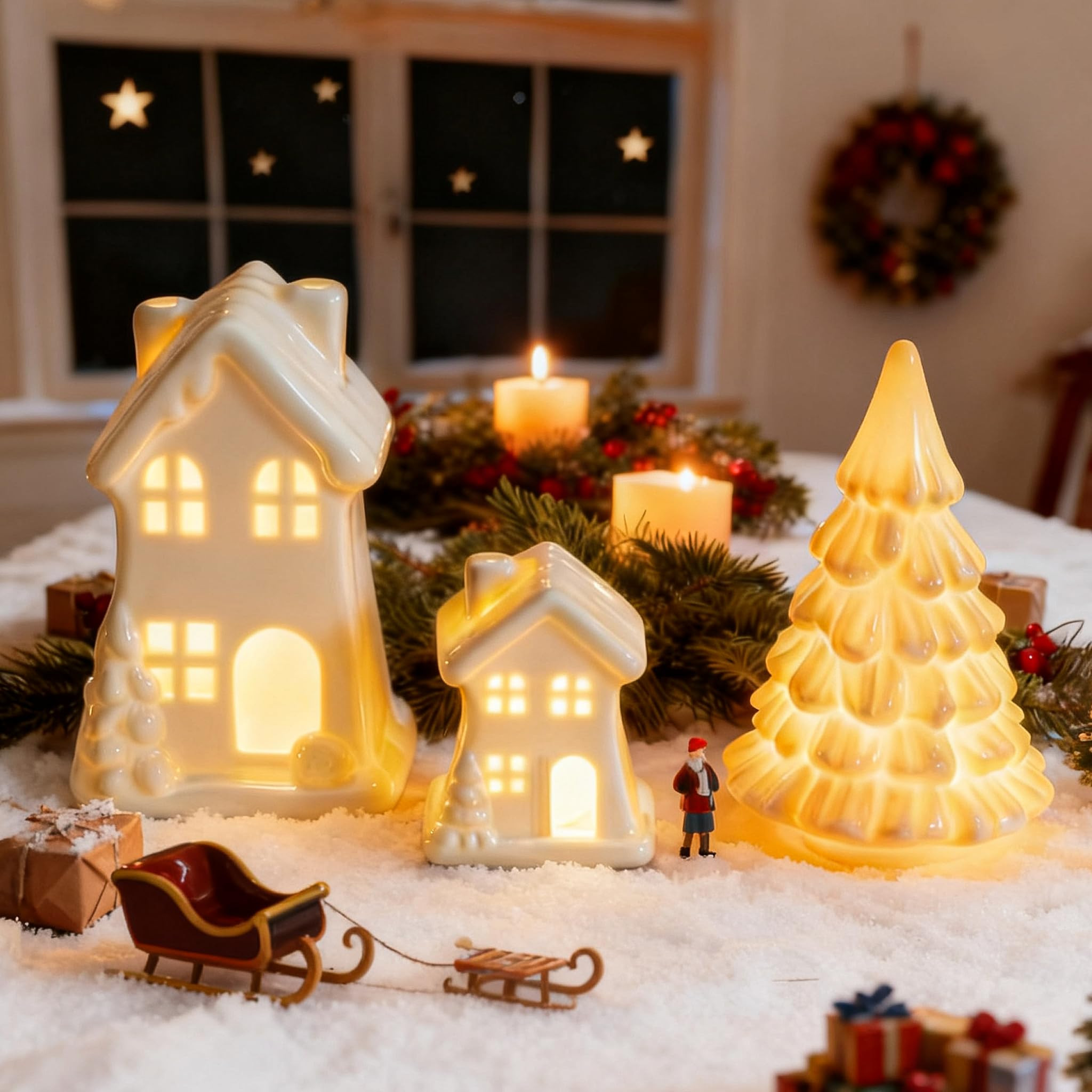 NEROSUN Ceramic Christmas Village Houses, 3Pcs LED Lighted Porcelain White Small House and Xmas T... | Amazon (US)