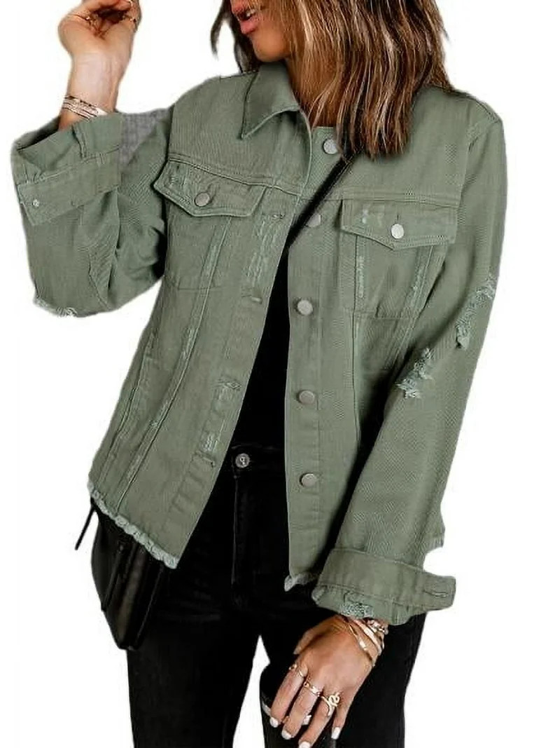 Eytino Womens Denim Jackets Long Sleeve Button Down Distressed Denim Jackets Jean Jacket Coat wit... | Walmart (US)