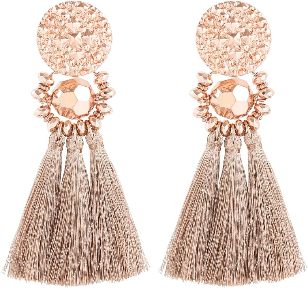 boderier Bohemian Statement Thread Tassel Chandelier Drop Dangle Earrings with Cassandra Button Stud | Amazon (US)