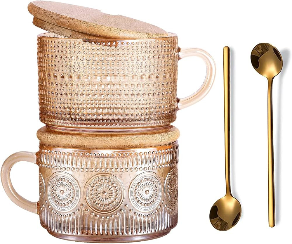 JVJRFQ Vintage Glass Coffee Mugs Set of 2 Amber, Embossed Tea Cups with Bamboo Lids and Spoons, 1... | Amazon (US)