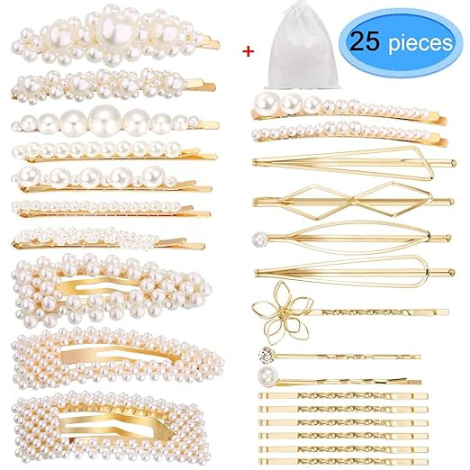 25pcs Pearl Hair Clips for Women Girls (Golden), Artificial Pearl Hair Barrettes Decorative Weddi... | Amazon (US)
