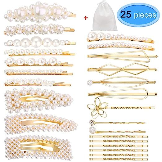 25pcs Pearl Hair Clips for Women Girls (Golden), Artificial Pearl Hair Barrettes Decorative Weddi... | Amazon (US)