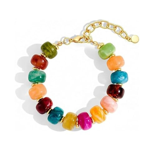 NORLSO Colorful Beaded Bracelet for Women Boho Stone Beads Bracelet Chunky Beaded Link Bracelet Summer Beach Jewelry Gift (Colorful) | Amazon (US)