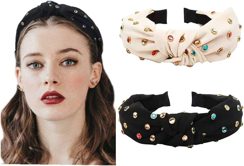 FEDANS Knot Headbands for Women Knotted Pearl Colorful Rhinestone Jeweled 2 Pcs Beaded Wide Band ... | Amazon (US)