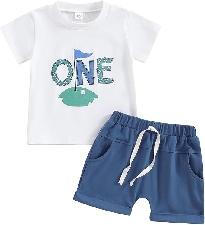 Baby Boy Girl First Birthday Golf Outfit Short Sleeve Hole In One Golf T-Shirt Top Shorts Set 2Pc... | Amazon (US)