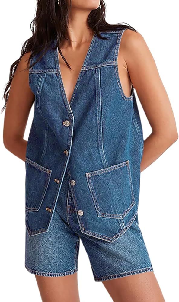 Tankaneo Denim Vest for Women Casual V Neck Button Down Sleeveless Jean Jacket | Amazon (US)