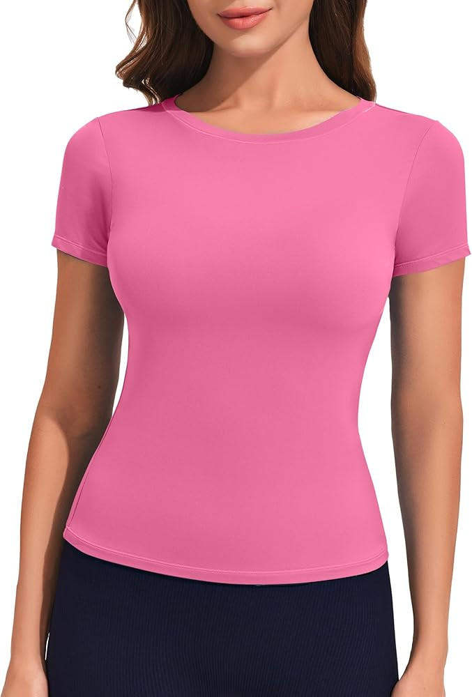 PINSPARK Workout Tops for Women Crew Neck Short Sleeve T Shirts Double Lined Slim Fit Stretch Ath... | Amazon (US)