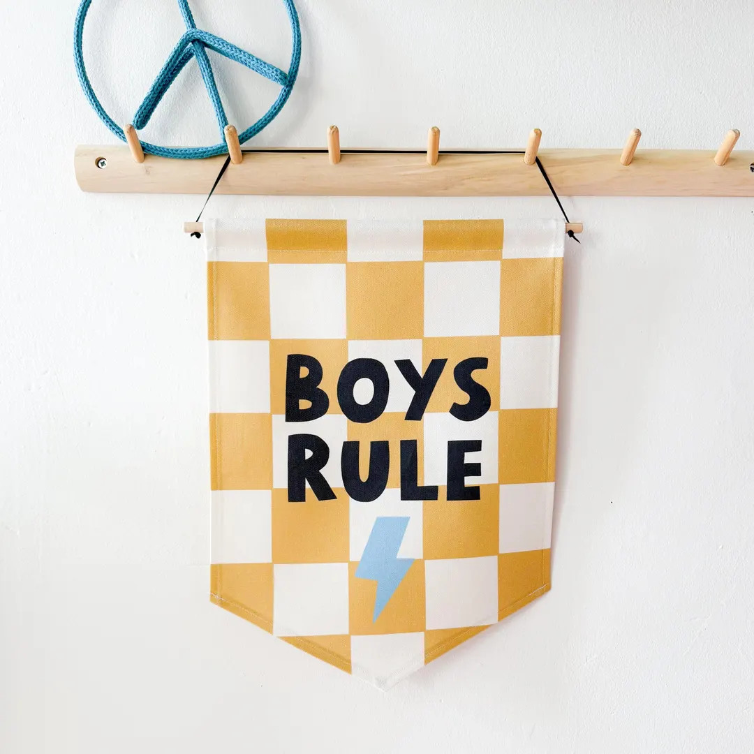 Boys Rule Banner - Mustard & Cream Kids Wall Decor Checkered Wall Decor | Boys Bedroom Wall Hangi... | Etsy (US)