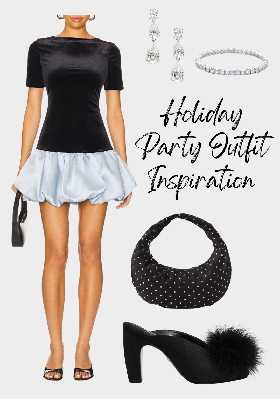 New years outfit, holiday outfit, Christmas party outfit, black bag, black purse, black handbag, rhinestone bracelet, tennis bracelet, rhinestone earrings, black mules, black wedges, black heels, feather heels, bubble hem dress, satin dress, satin skirt, bubble hem skirtt

#LTKSeasonal #LTKHoliday #LTKBeauty
