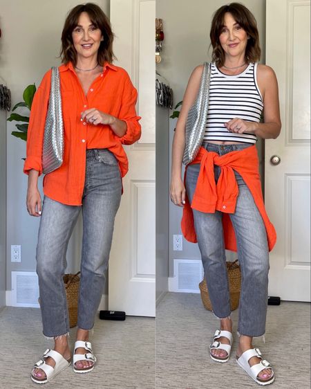 Spring outfit idea with a fun pop of orange!
My gauze textured shirt is from Amazon and I sized up to L for an oversized fit (and room for it to shrink) and I sized up to M in the tank, my usual small fit me too but was a bit too short for my liking (I have a long torso).
Wearing my usual size 27 in the jeans. Birkenstocks Arizona big buckle sandals fit tts, I’m 7.5 and got 38.
Silver bag and necklace are also from Amazon


#LTKstyletip #LTKshoecrush #LTKitbag