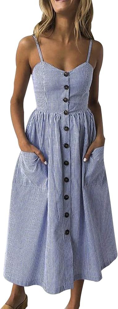 SWQZVT Women's Dress Summer Spaghetti Strap Sundress Casual Floral Midi Backless Button Up Swing ... | Amazon (US)