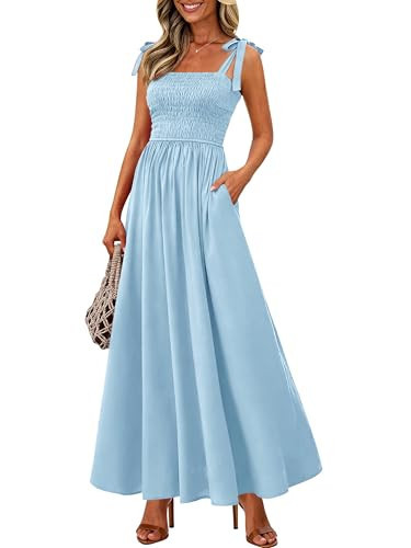 PRETTYGARDEN Womens Summer Dresses 2026 Sleeveless Smocked Maxi Dress Boho Spaghetti Strap A Line Flowy Beach Long Sundresses(Light Blue,Small) | Amazon (US)