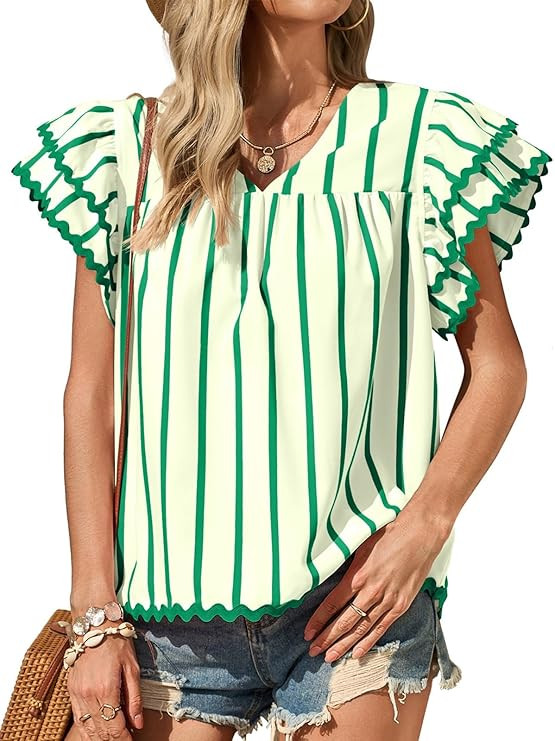 Tankaneo Womens Ruffle Short Sleeve Blouse V Neck Striped Pleated Trim Shirts Summer Casual Loose... | Amazon (US)
