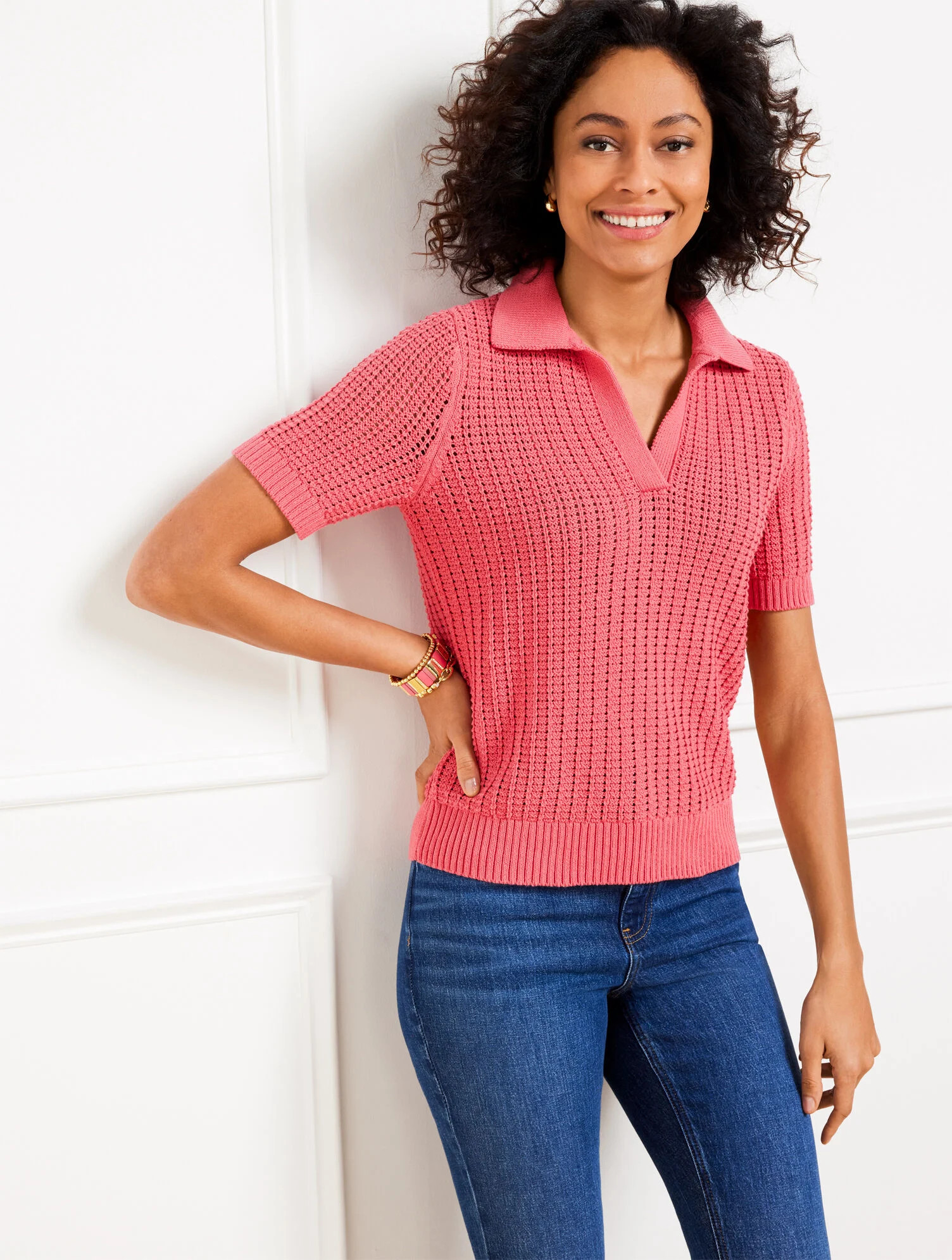 Pointelle Stitch Polo Sweater | Talbots