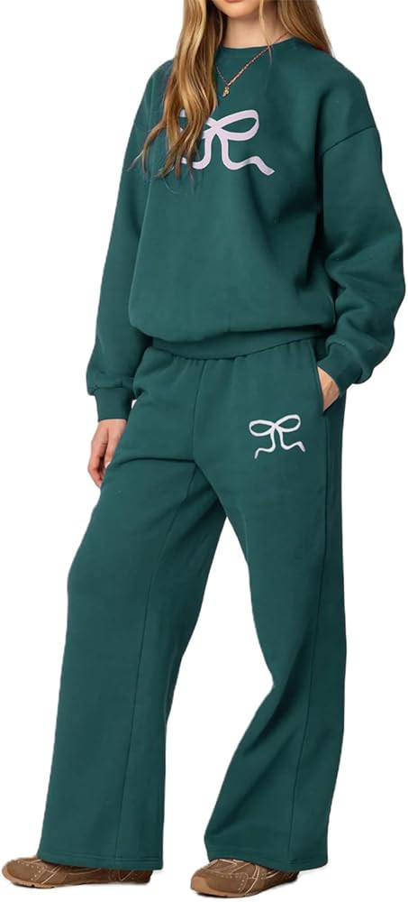 Women 2 Piece Outfits Bow Print Long Sleeve Oversized Sweatshirt Hoodies Baggy Wide Leg Sweatpant... | Amazon (US)
