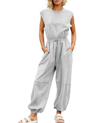 Kissonic Jumpsuits for Women Casual Crewneck Cap Sleeve Drawstring Romper One Piece Outfits with Pockets(LightGrey-S) | Amazon (US)