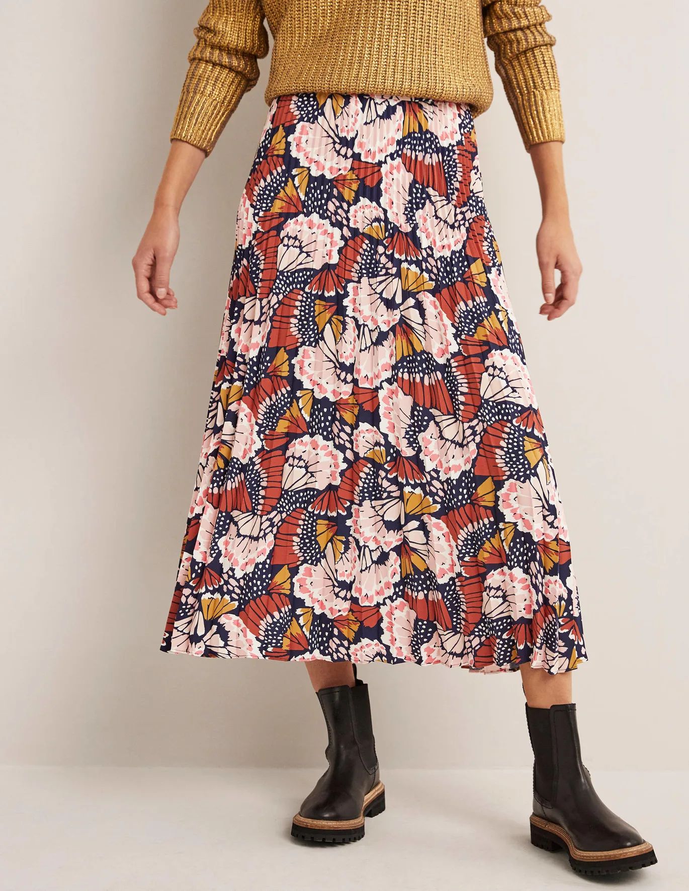 Pleated Crepe Midi Skirt - Multi, Petal Stamp | Boden (US)