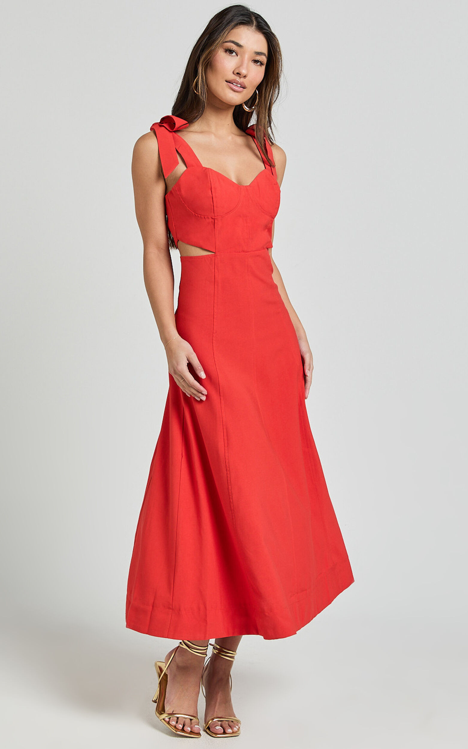 Giana Midi Dress - Shoulder Tie Cut Out Thigh Split Dress in Red | Showpo (US, UK & Europe)