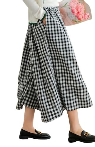FaroDor Women Gingham Culottes Wide Leg Palazzo Pants Elastic Waist Plaid Capri with Pocket Black Medium | Amazon (US)