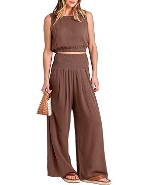 ANRABESS Women's Summer 2 Piece Outfits Linen Sleeveless Crop Tank Top Wide Leg Pants Lounge Matc... | Amazon (US)