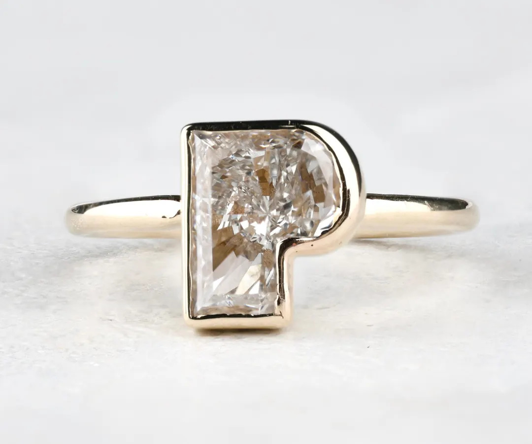 Initial P Bezel Ring, P-shaped Lab Diamond Ring, Alphabet Letter P Diamond Engagement Ring, Initi... | Etsy (US)