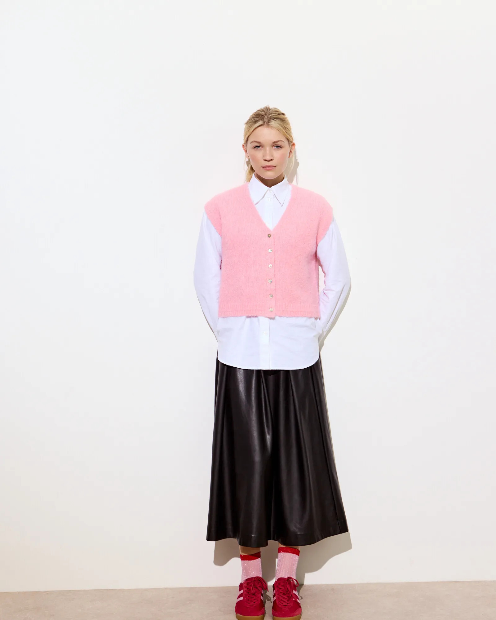 Light Pink Button Up Fluffy Knitted Waistcoat, size 12 | Oliver Bonas (Global)