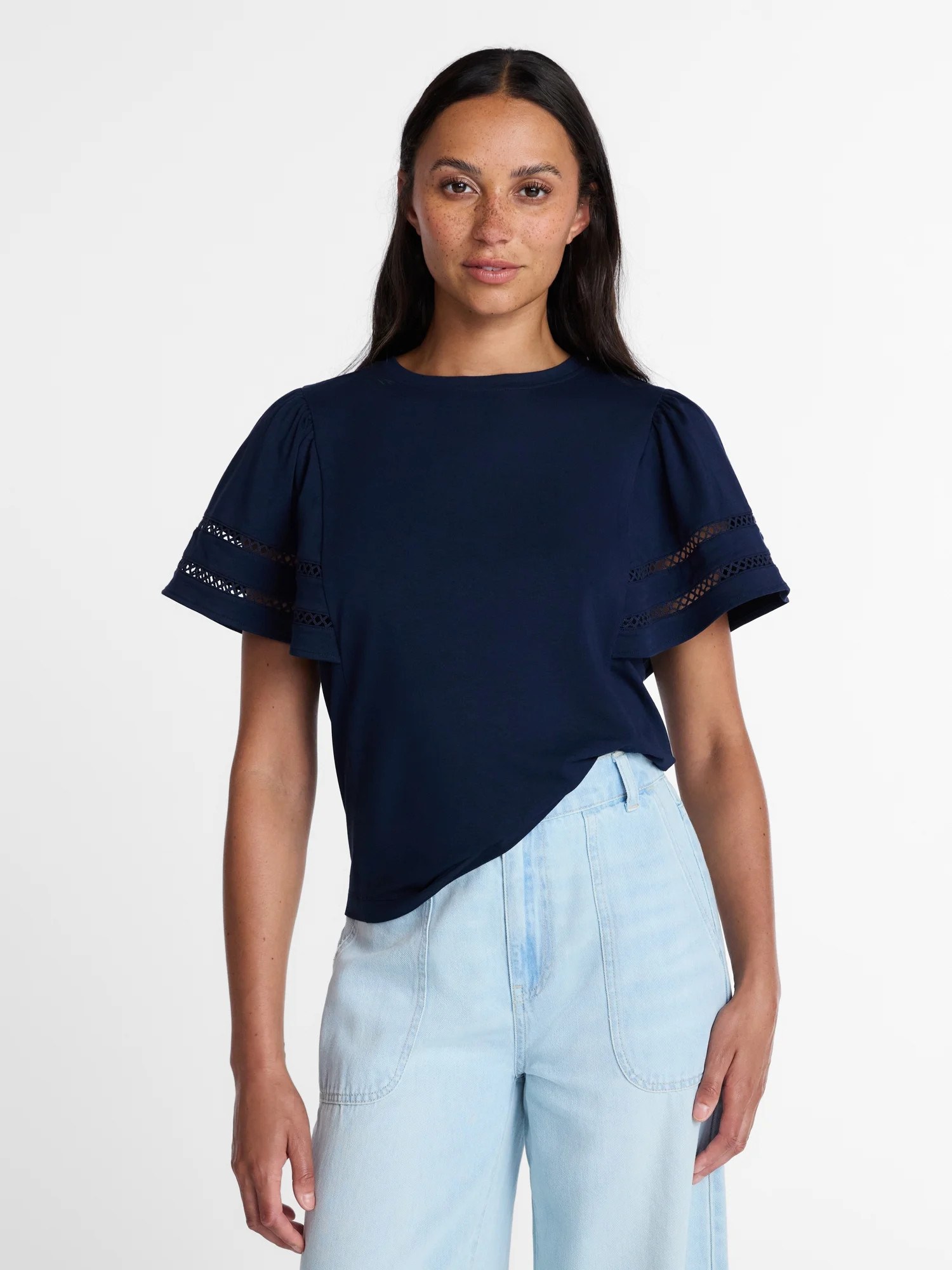 Time and Tru Women’s Crewneck Top with Lace Inset Flounce Sleeves, Sizes XS-XXXL | Walmart (US)