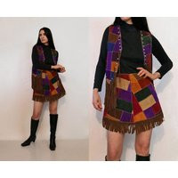 70S Rainbow Patchwork Suede Fringed 2Pc Skirt Set/Vintage 1970S 2 Piece Studded Leather Multicolored | Etsy (US)