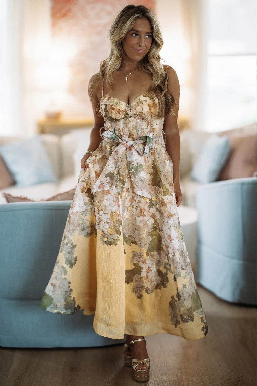 Just a Feeling Midi Dress - Yellow, Orange and Green | Hazel and Olive