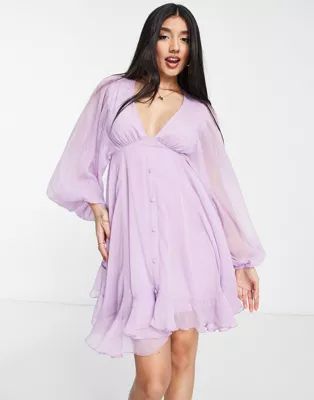 ASOS DESIGN button detail mini dress with blouson sleeve in lilac | ASOS (Global)