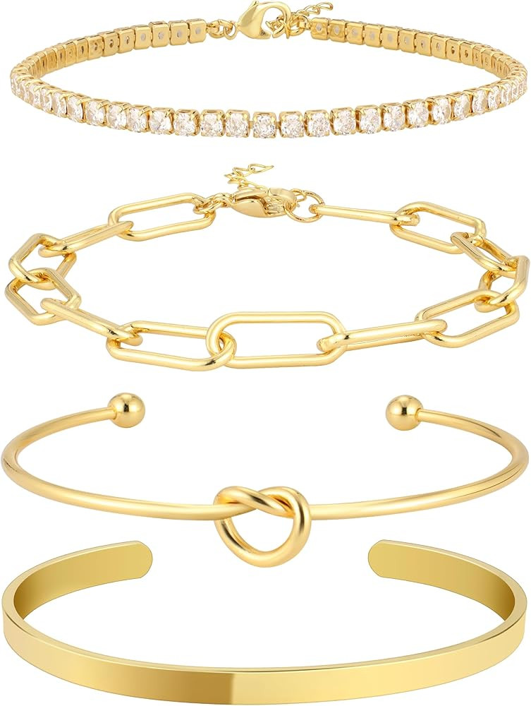 Reoxvo Gold Bracelets for Women Stack 14K Gold Plated Bangle Cuff Bracelet Set for Women Non Tarn... | Amazon (US)